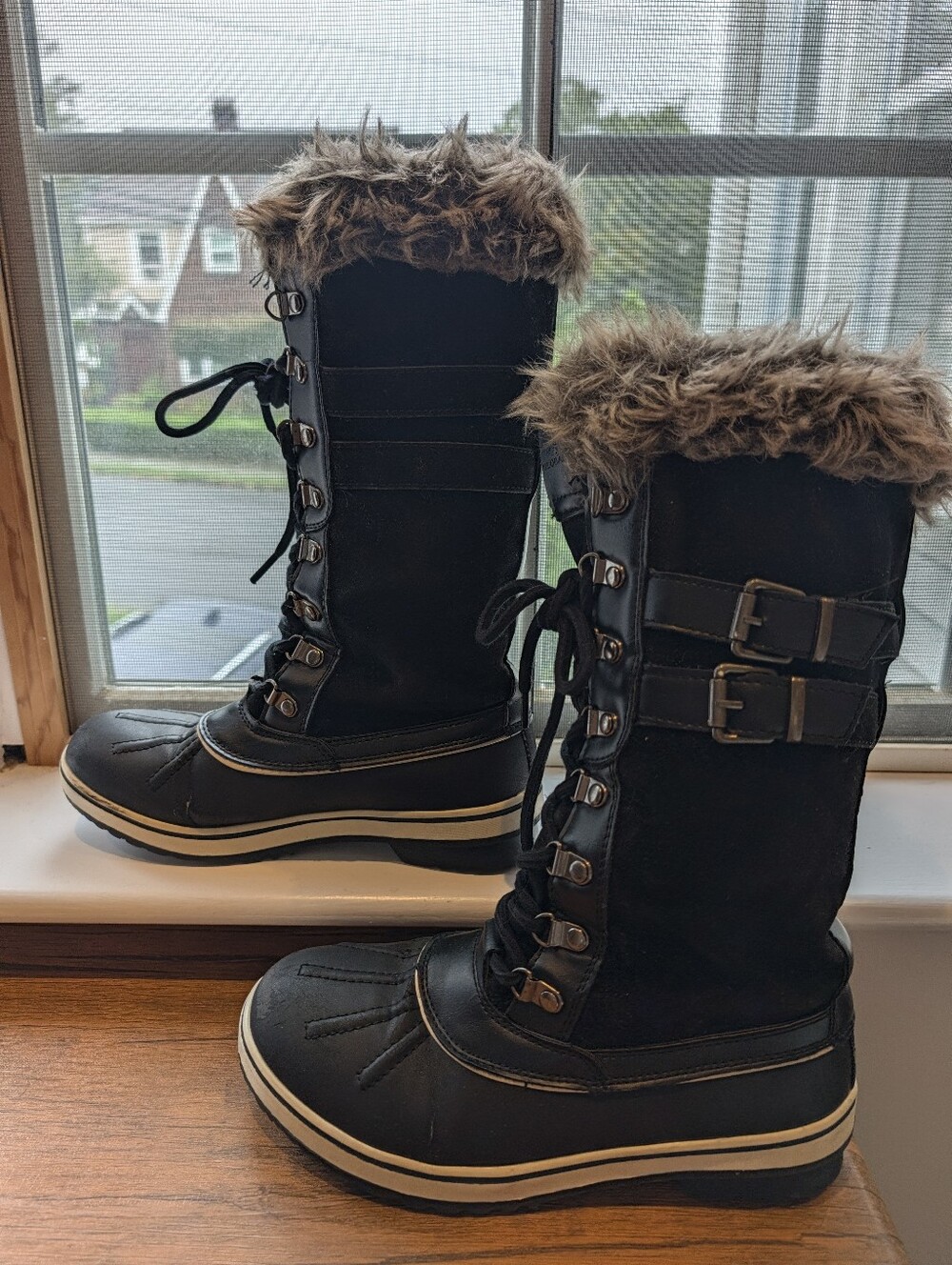 Globalwin Women's Tall Winter Snow Boots Faux Fur Trim Lace Up Duck Booties 6